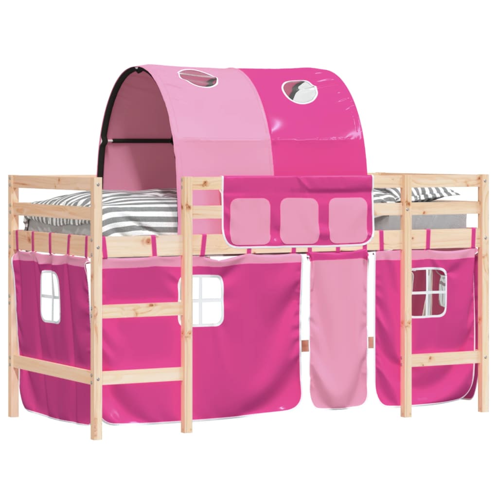 Pat etajat de copii cu tunel roz 80x200 cm lemn masiv pin - Lando