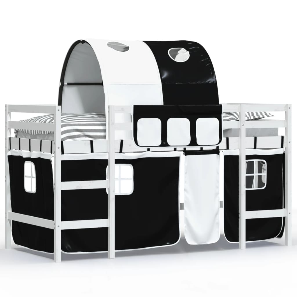 Pat etajat de copii cu tunel alb/negru 80x200 cm lemn masiv pin - Lando