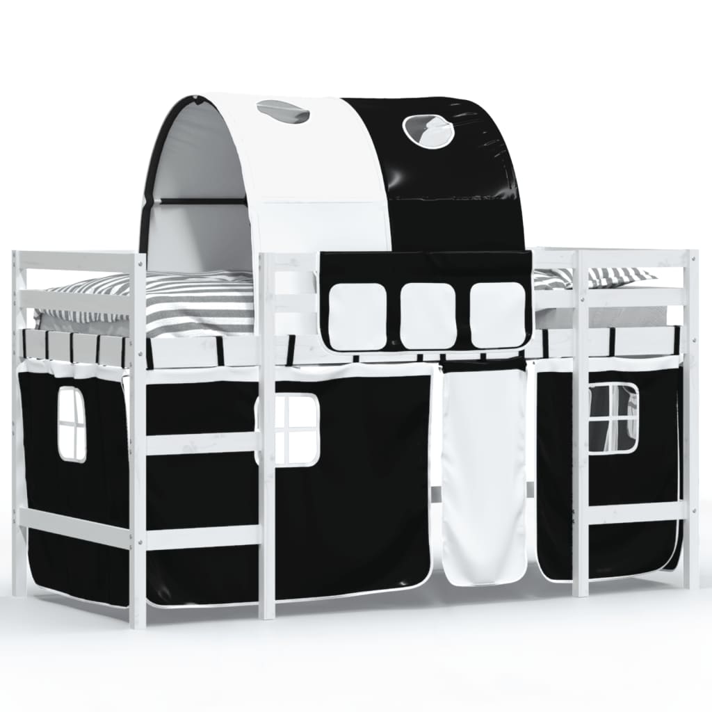 Pat etajat de copii cu tunel alb/negru 90x200 cm lemn masiv pin - Lando