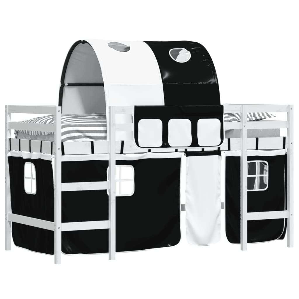 Pat etajat de copii cu tunel alb/negru 90x200 cm lemn masiv pin - Lando