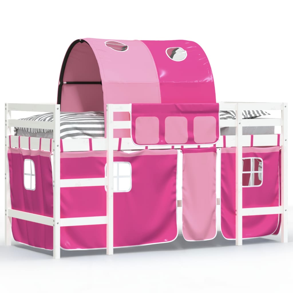 Pat etajat de copii cu tunel, roz, 90x200 cm, lemn masiv pin - Lando