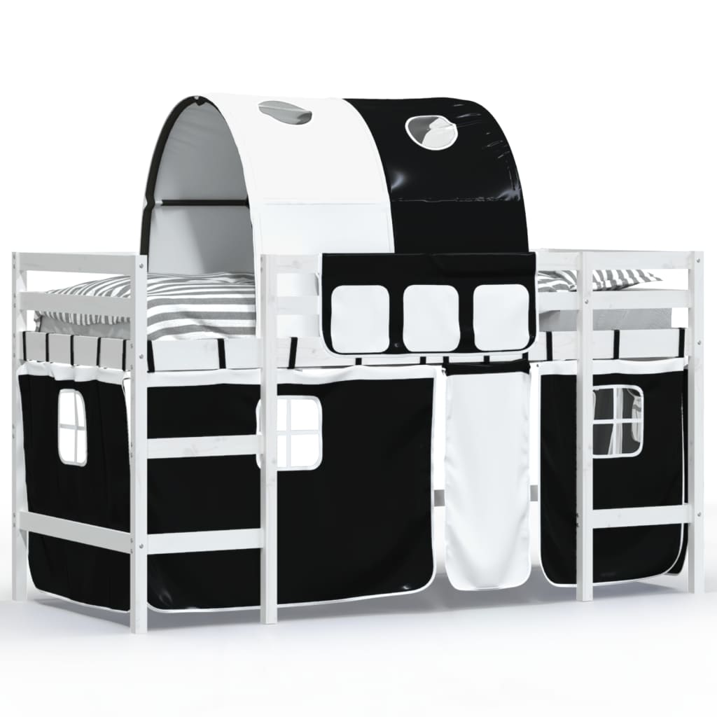 Pat etajat de copii cu tunel alb/negru 90x190 cm lemn masiv pin - Lando