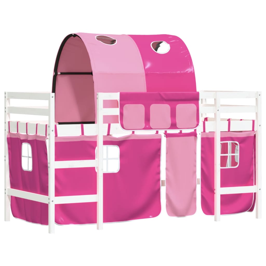 Pat etajat de copii cu tunel, roz, 90x190 cm, lemn masiv pin - Lando