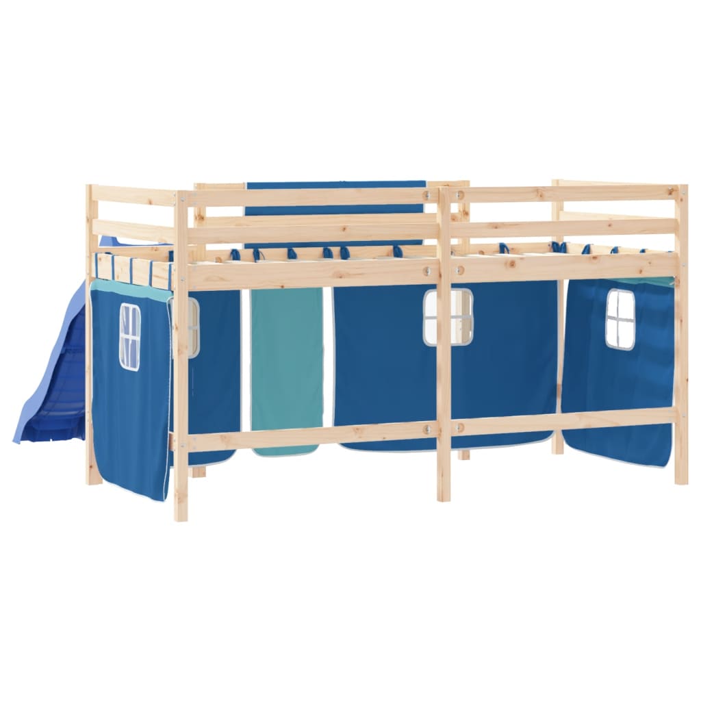Pat etajat de copii cu perdele, blå, 90x200 cm, lemn masiv pin - Lando