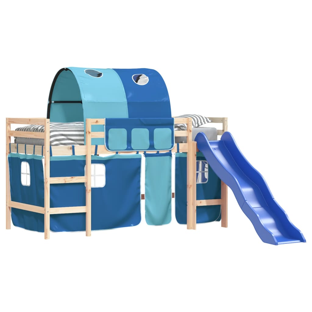 Pat etajat de copii cu tunel albastru 80x200 cm lemn masiv pin - Lando