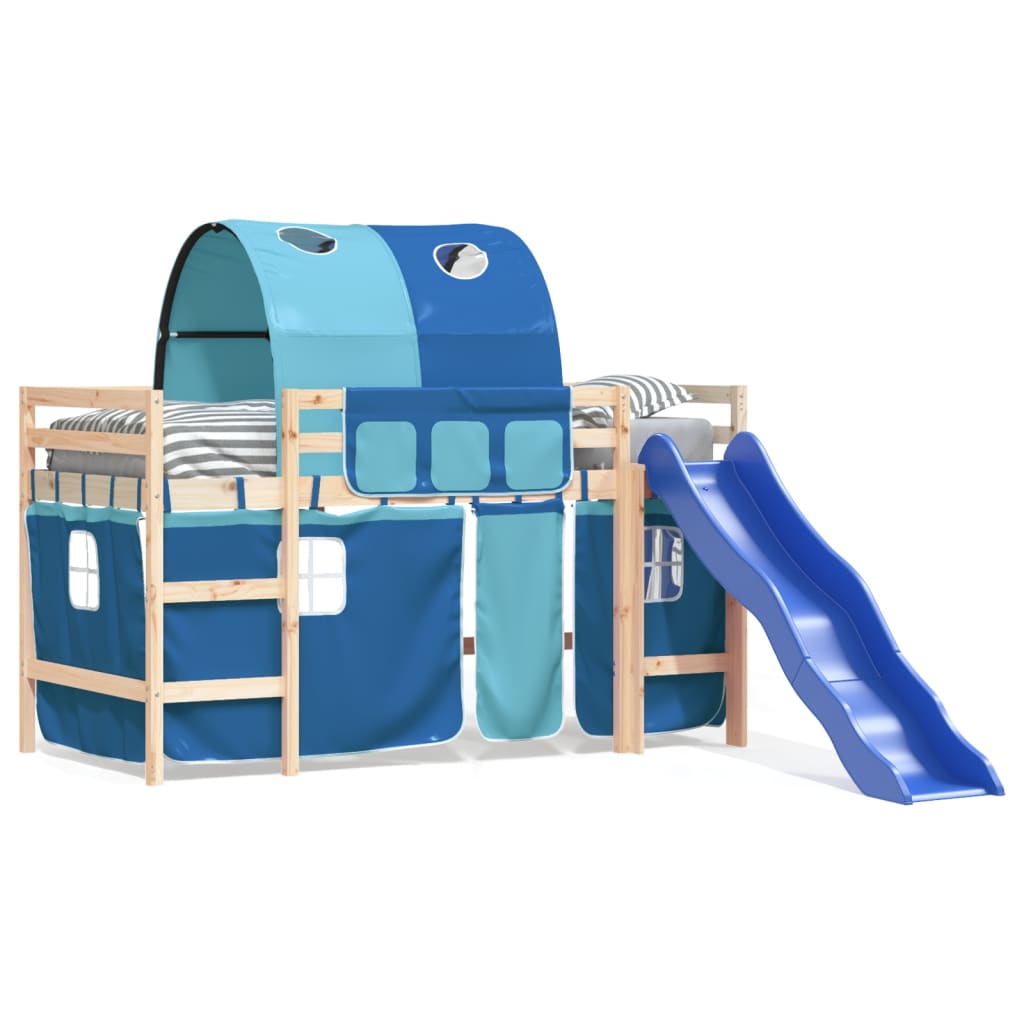 Pat etajat de copii cu tunel albastru 90x190 cm lemn masiv pin - Lando