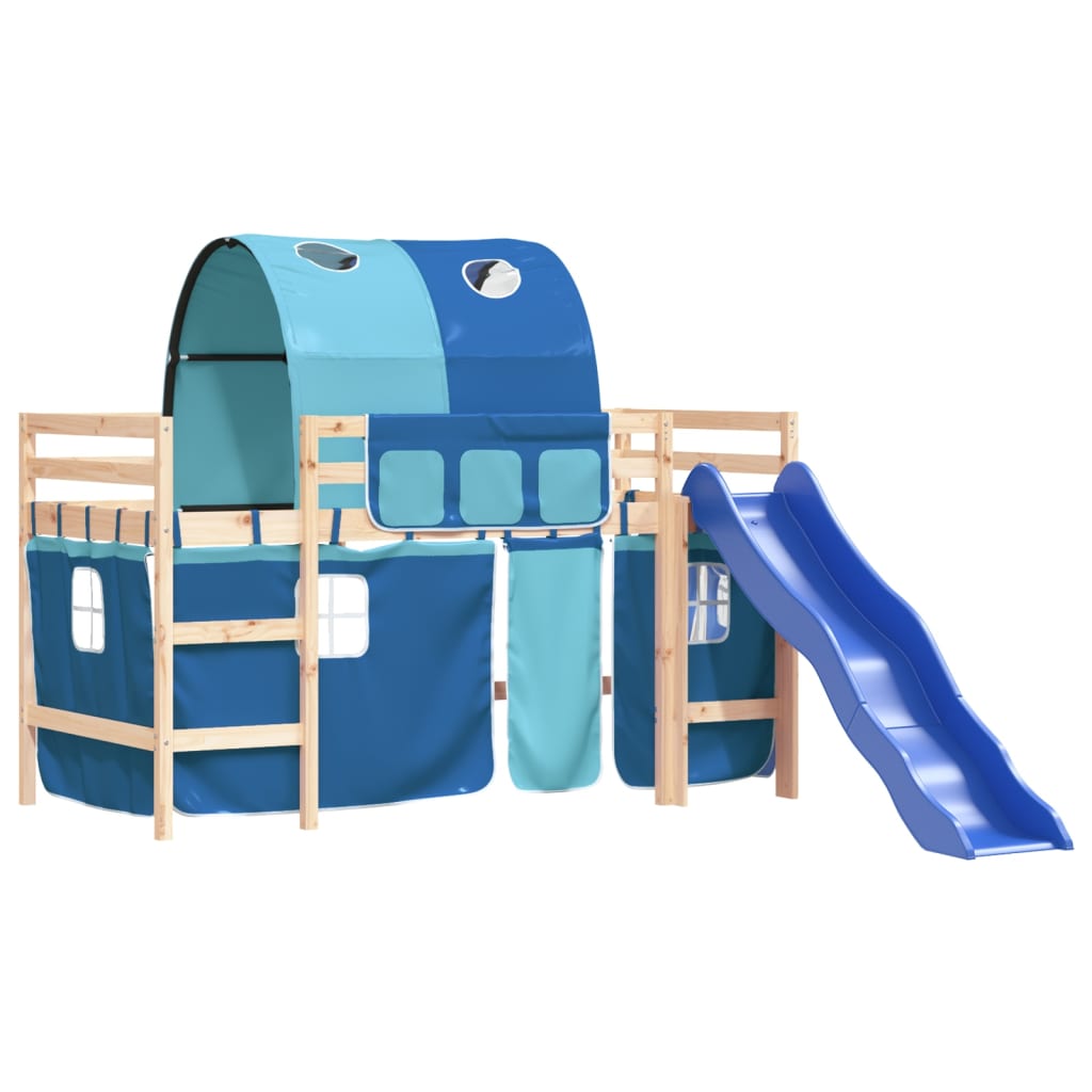 Pat etajat de copii cu tunel albastru 90x190 cm lemn masiv pin - Lando
