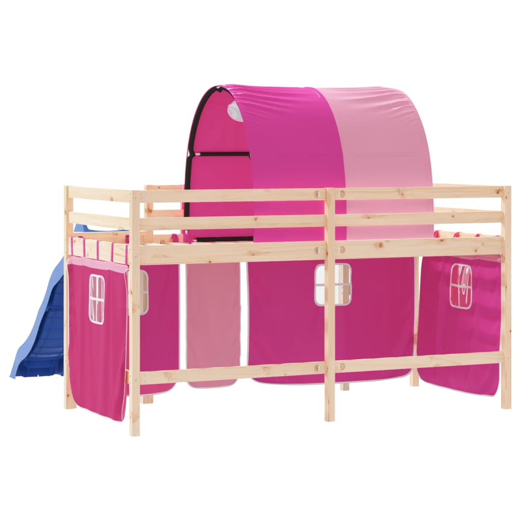 Pat etajat de copii cu tunel, roz, 90x190 cm, lemn masiv pin - Lando