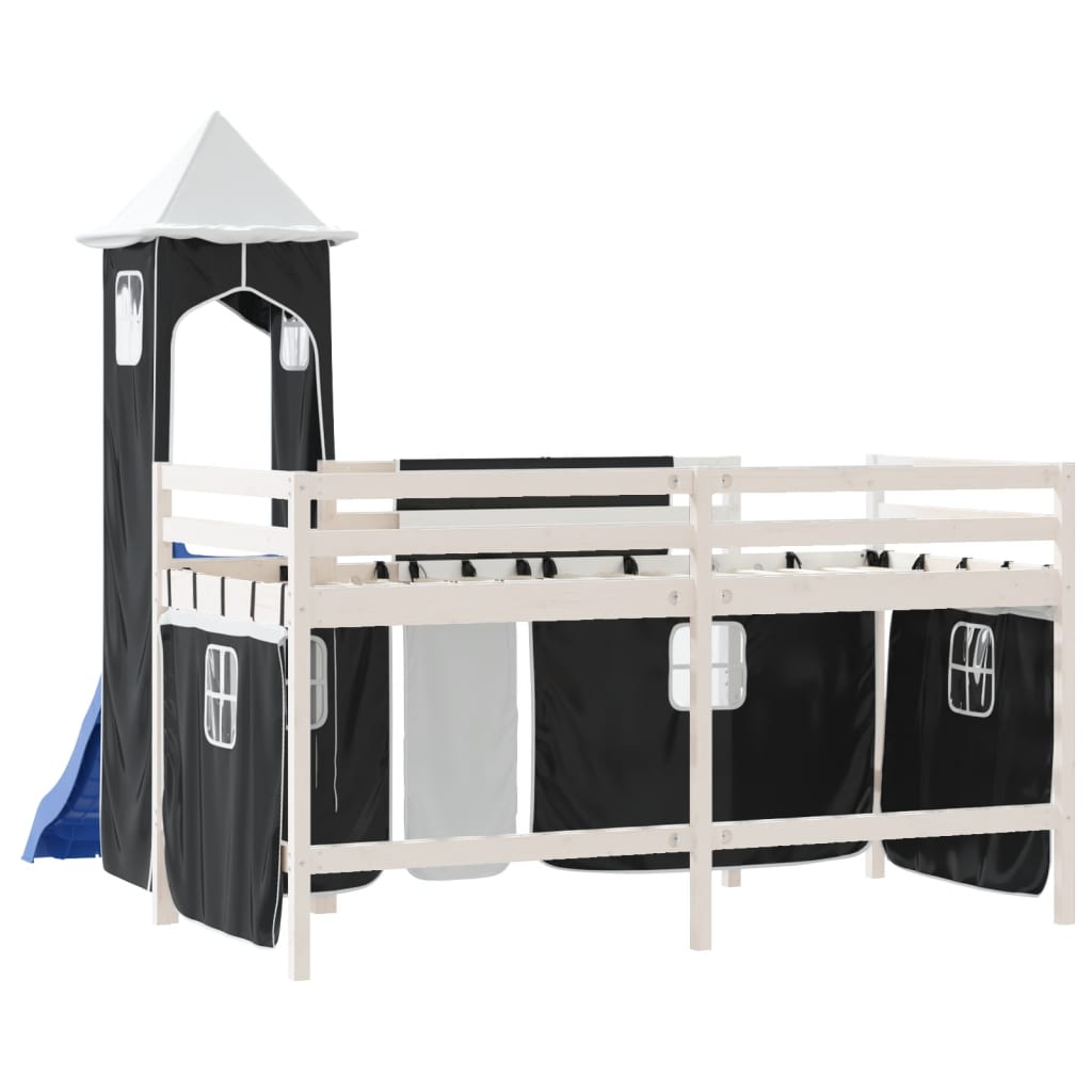 Pat etajat de copii cu turn alb/negru 80x200 cm lemn masiv pin - Lando