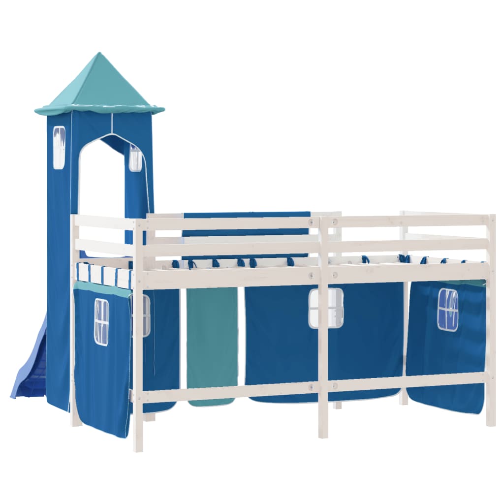 Pat etajat de copii cu turn albastru 80x200 cm lemn masiv pin - Lando