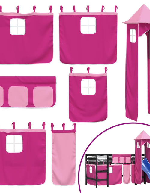 Încărcați imaginea în vizualizatorul Galerie, Pat etajat de copii cu turn, roz, 80x200 cm, lemn masiv pin - Lando
