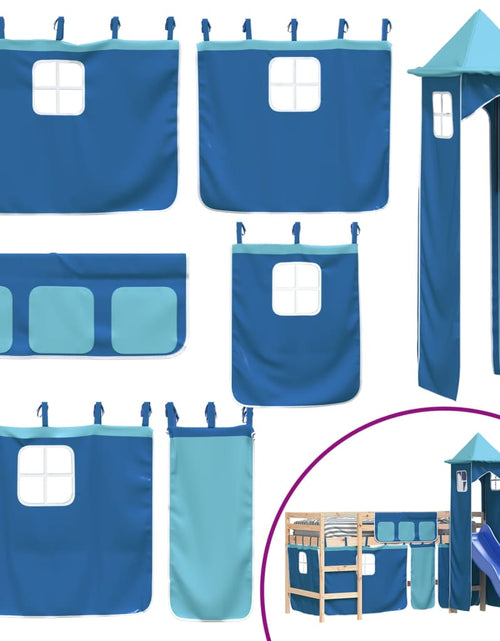 Încărcați imaginea în vizualizatorul Galerie, Pat etajat de copii cu turn albastru 90x200 cm lemn masiv pin - Lando
