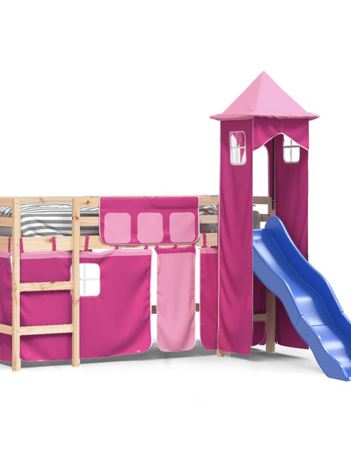 Загрузите изображение в средство просмотра галереи, Pat etajat de copii cu turn, roz, 90x200 cm, lemn masiv pin - Lando
