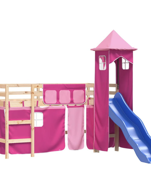 Încărcați imaginea în vizualizatorul Galerie, Pat etajat de copii cu turn, roz, 90x200 cm, lemn masiv pin - Lando
