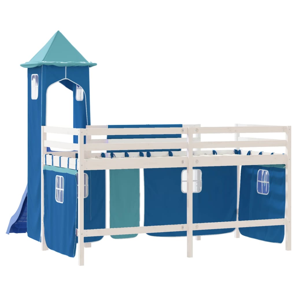 Pat etajat de copii cu turn albastru 90x200 cm lemn masiv pin - Lando
