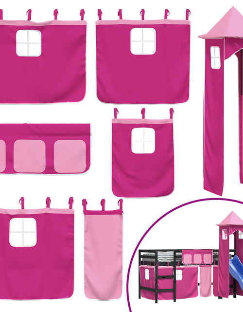 Încărcați imaginea în vizualizatorul Galerie, Pat etajat de copii cu turn, roz, 90x200 cm, lemn masiv pin - Lando
