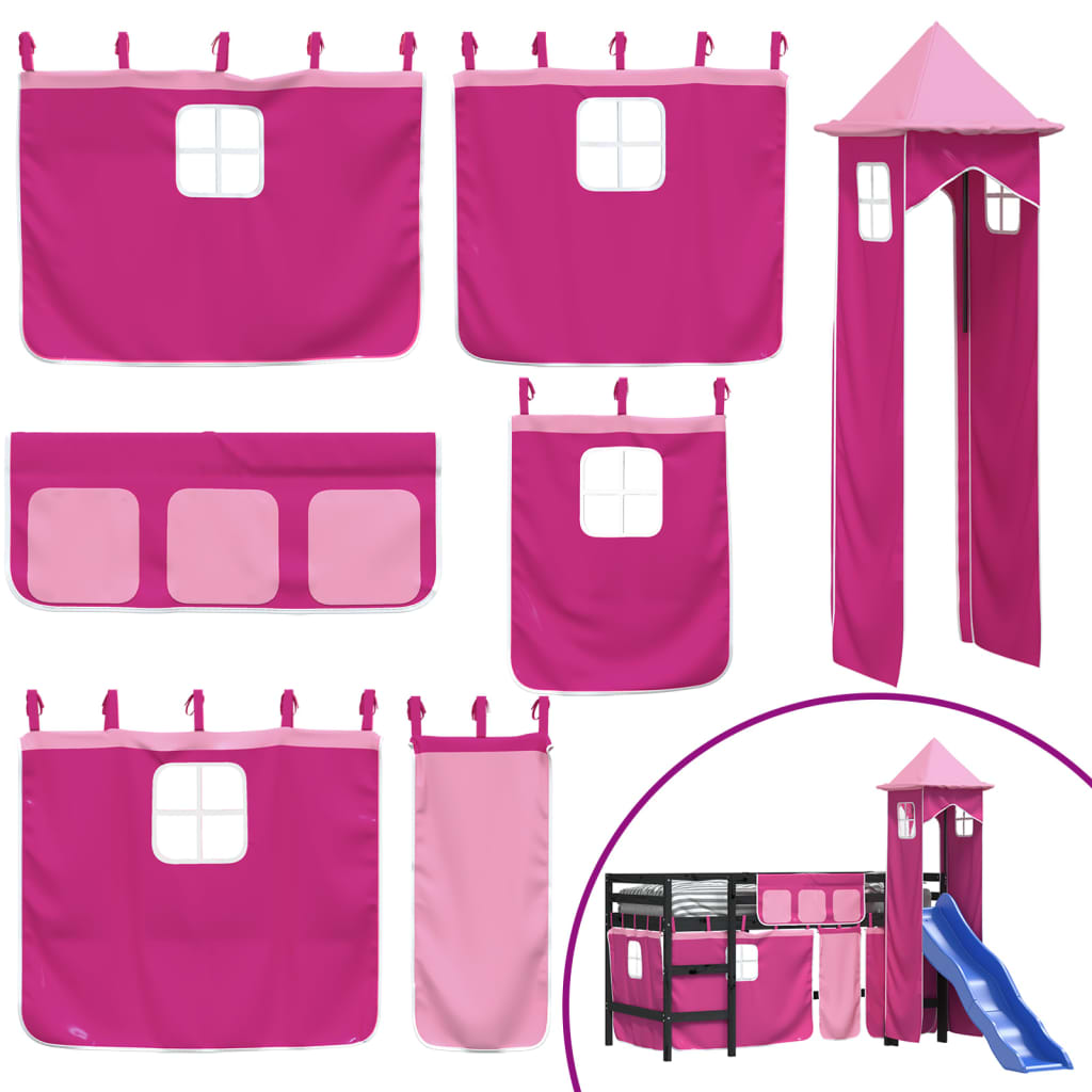 Pat etajat de copii cu turn, roz, 90x200 cm, lemn masiv pin - Lando