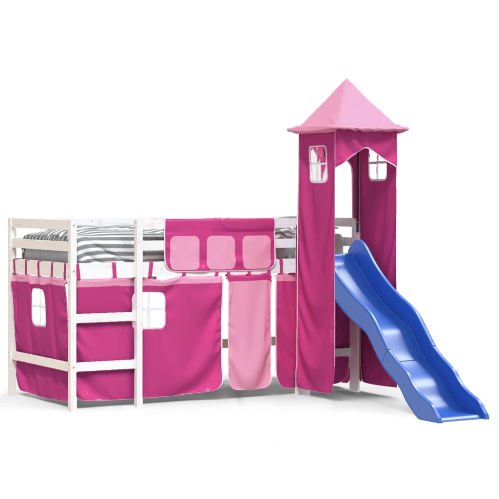 Pat etajat de copii cu turn, roz, 90x190 cm, lemn masiv pin - Lando