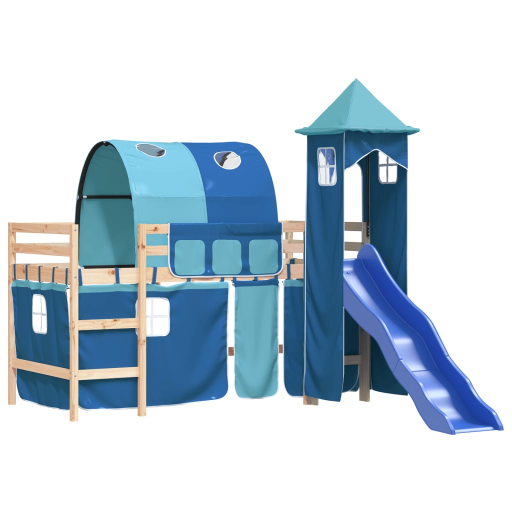 Pat etajat de copii cu turn albastru 80x200 cm lemn masiv pin - Lando