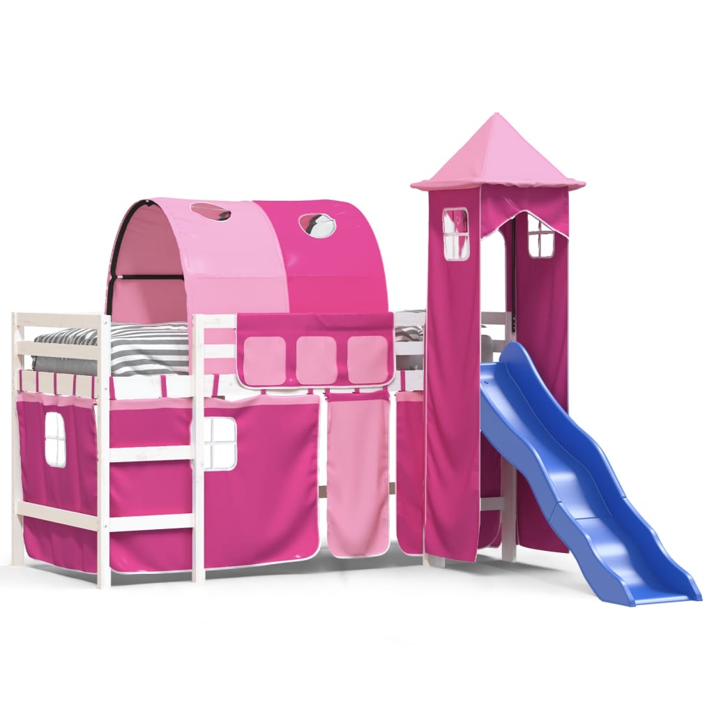 Pat etajat de copii cu turn, roz, 80x200 cm, lemn masiv pin - Lando
