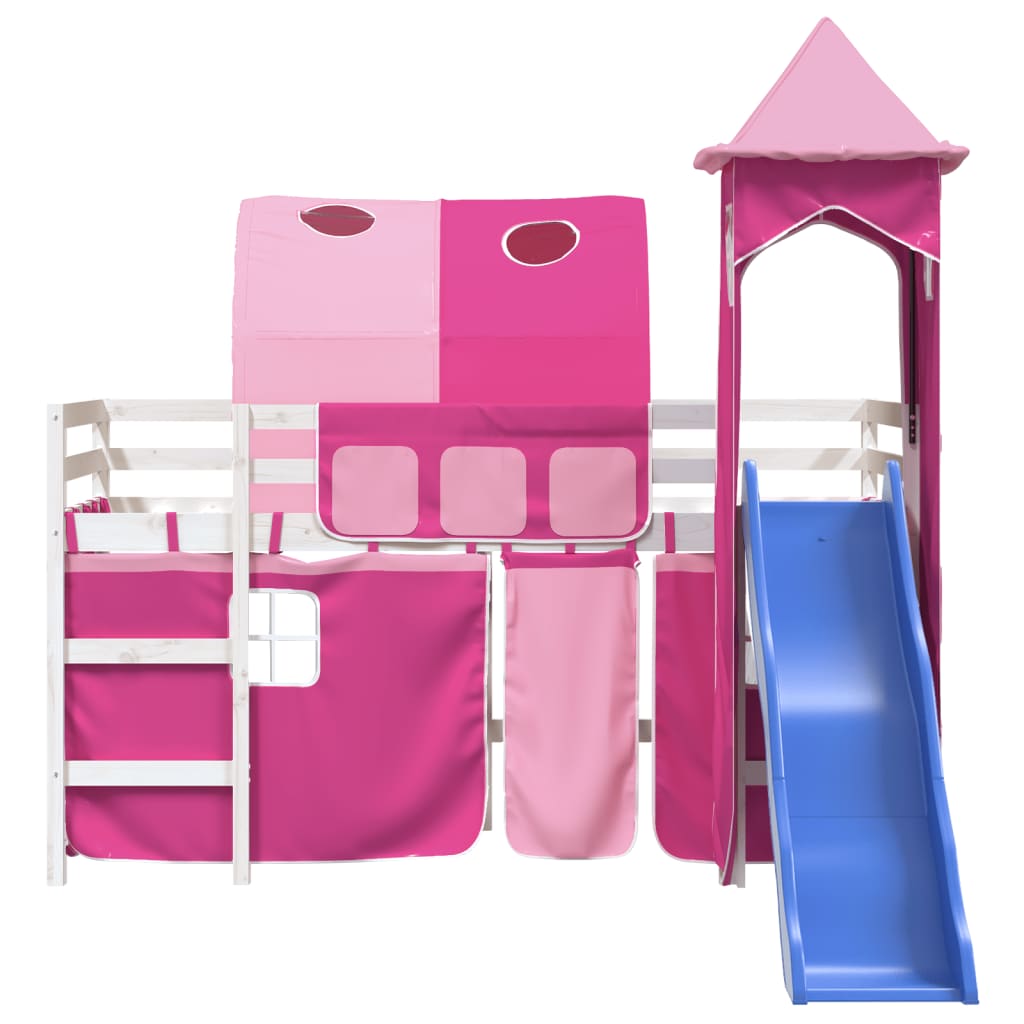 Pat etajat de copii cu turn, roz, 80x200 cm, lemn masiv pin - Lando