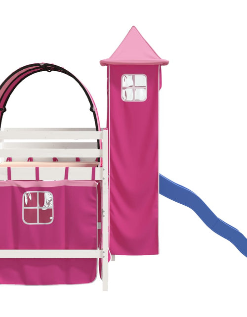 Încărcați imaginea în vizualizatorul Galerie, Pat etajat de copii cu turn, roz, 80x200 cm, lemn masiv pin - Lando
