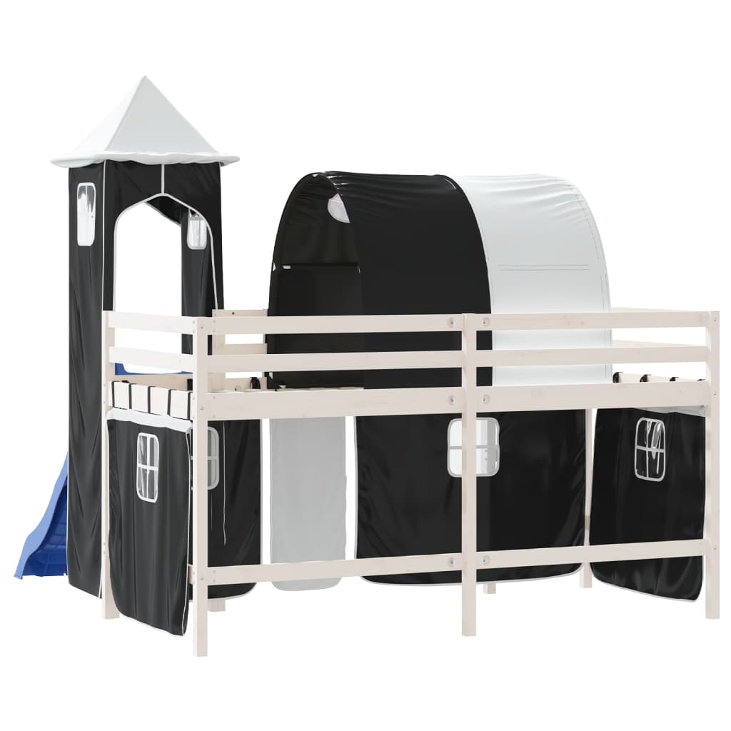Pat etajat de copii cu turn alb/negru 90x200 cm lemn masiv pin - Lando