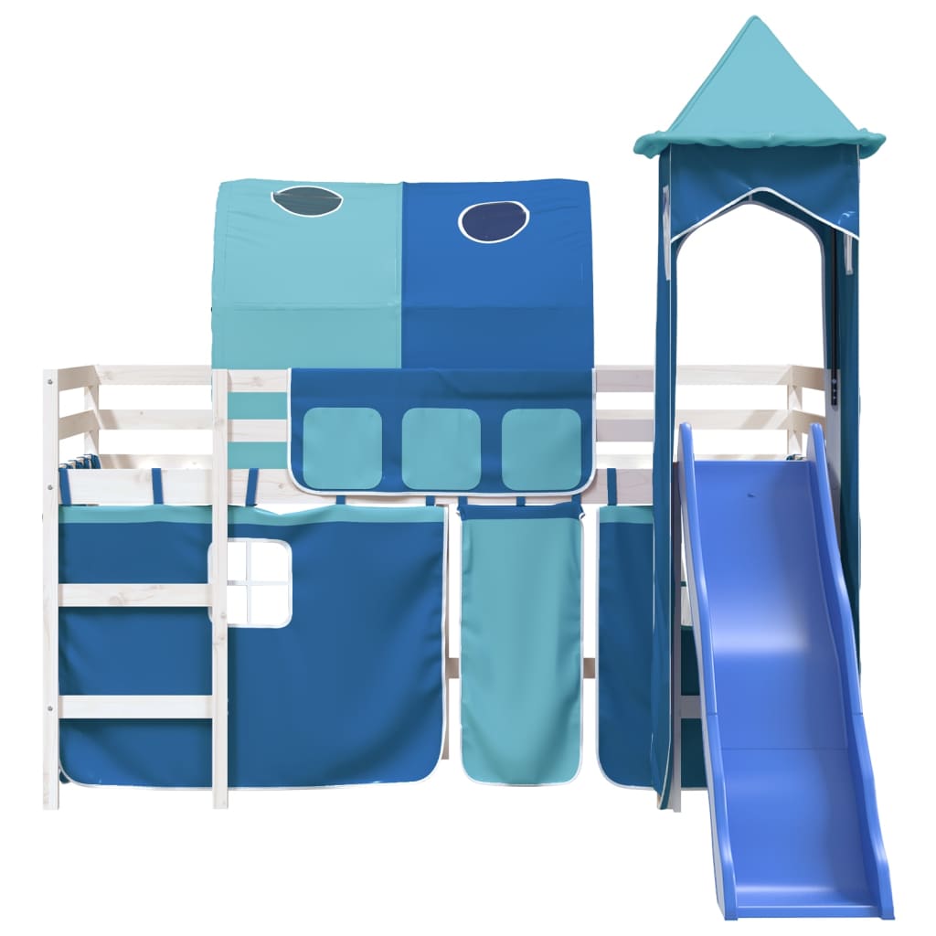 Pat etajat de copii cu turn albastru 90x200 cm lemn masiv pin - Lando