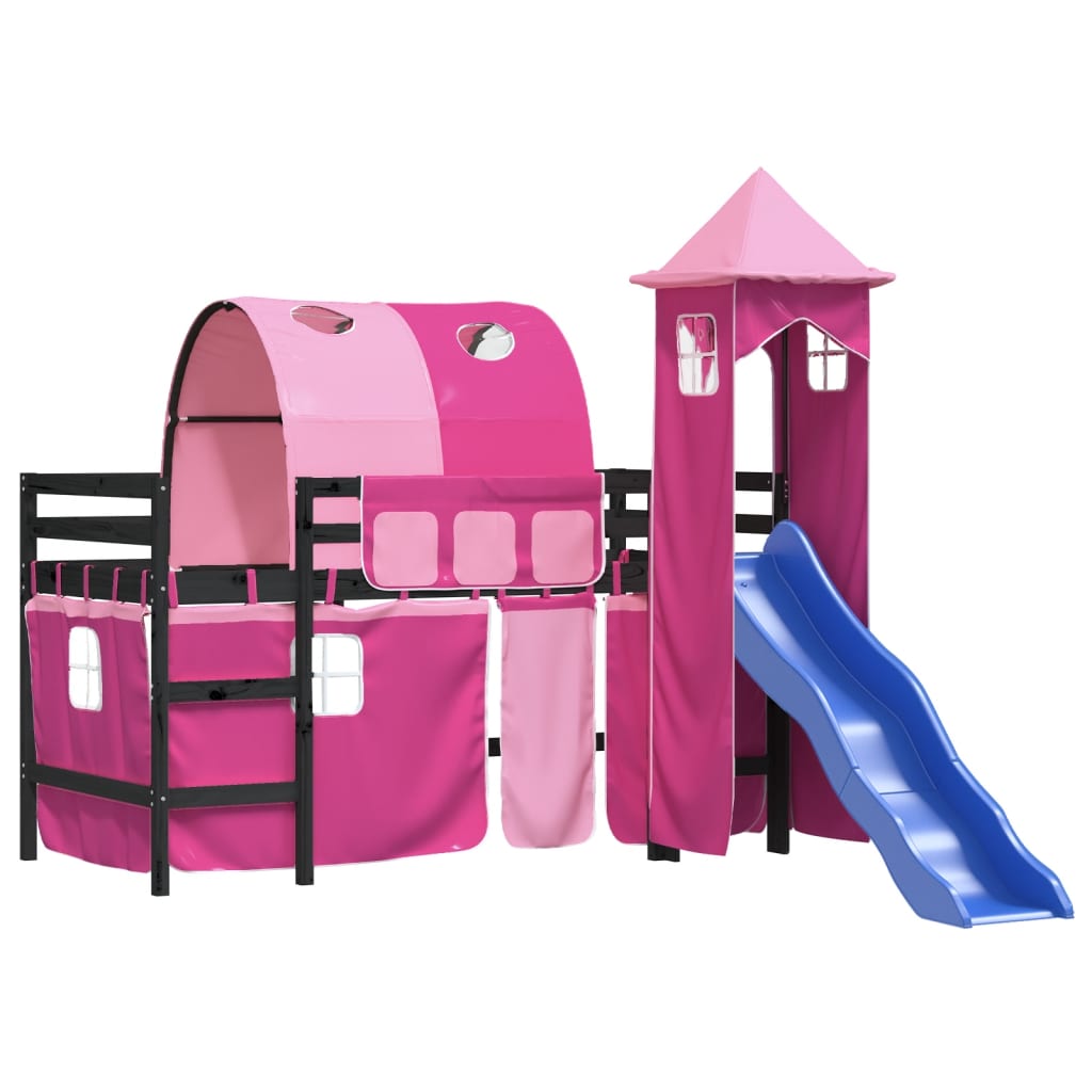 Pat etajat de copii cu turn, roz, 90x200 cm, lemn masiv pin - Lando