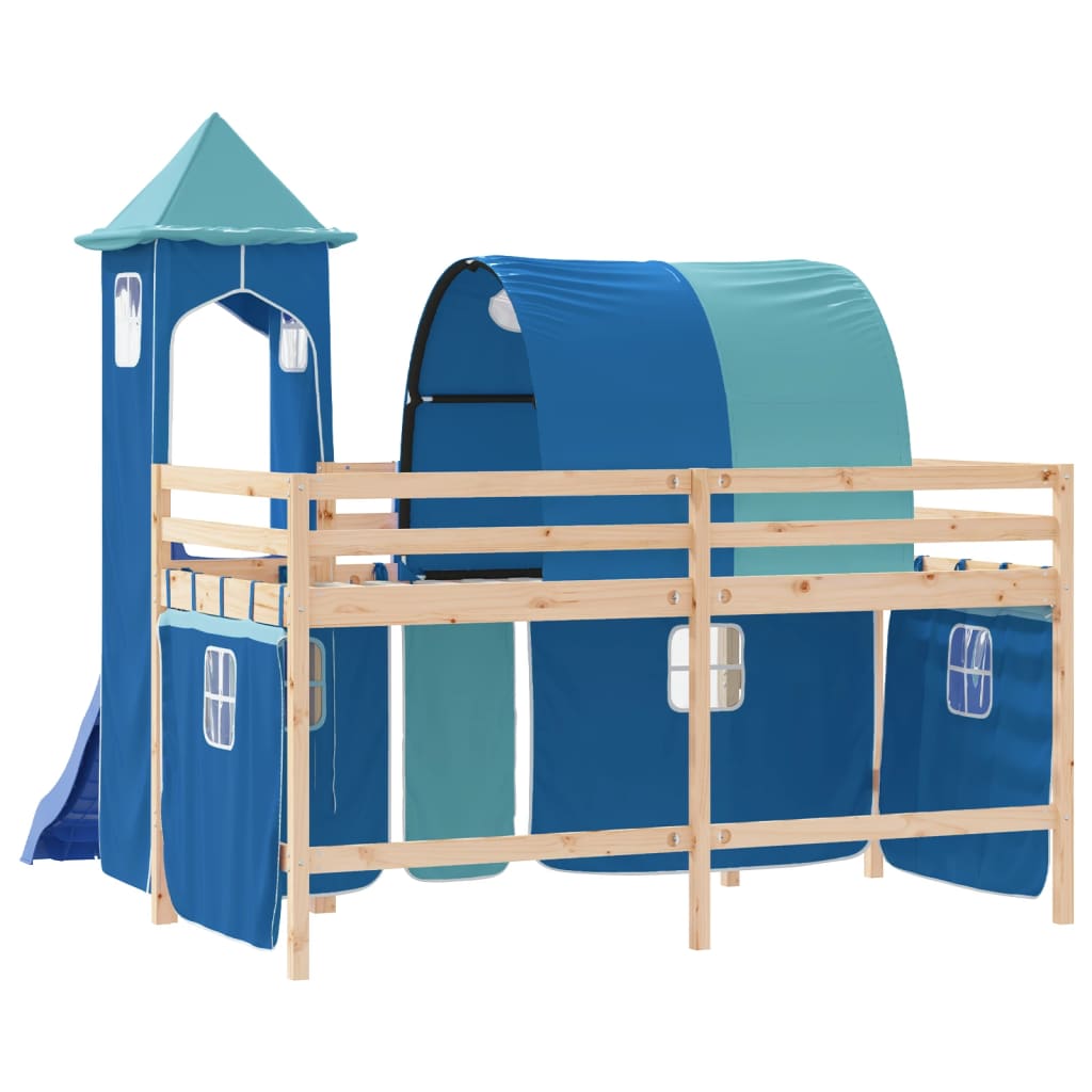 Pat etajat de copii cu turn albastru 90x190 cm lemn masiv pin - Lando