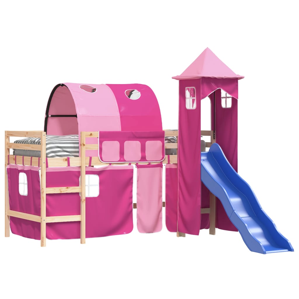Pat etajat de copii cu turn, roz, 90x190 cm, lemn masiv pin - Lando