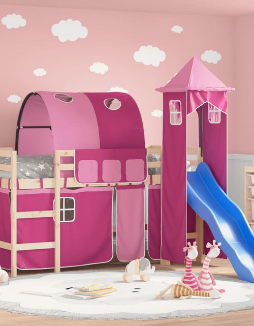 Încărcați imaginea în vizualizatorul Galerie, Pat etajat de copii cu turn, roz, 90x190 cm, lemn masiv pin - Lando
