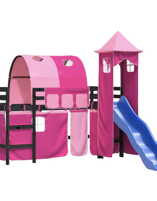 Încărcați imaginea în vizualizatorul Galerie, Pat etajat de copii cu turn, roz, 90x190 cm, lemn masiv pin - Lando
