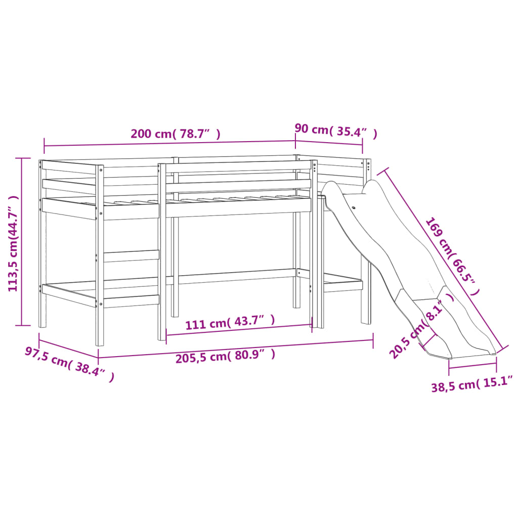 Pat pentru copii cu tobogan, alb, 90x200 cm, lemn masiv pin - Lando