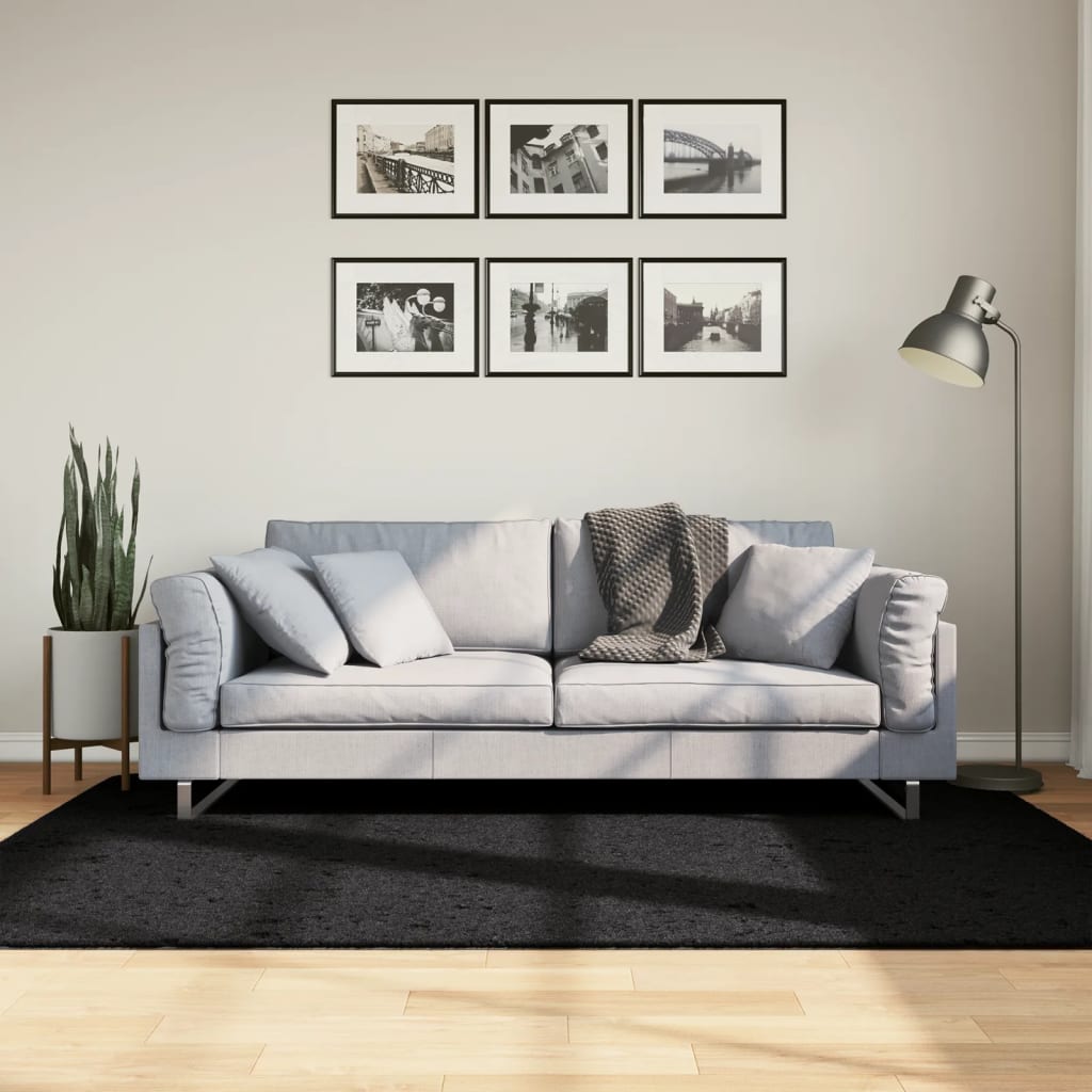 Covor pufos "PAMPLONA" cu fire înalte, negru modern, 140x200 cm - Lando