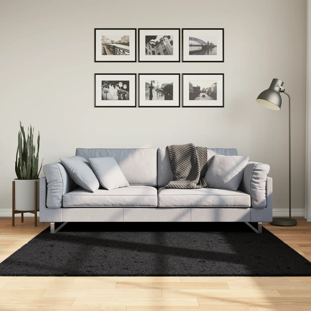 Covor pufos "PAMPLONA" cu fire înalte, negru modern, 160x160 cm - Lando