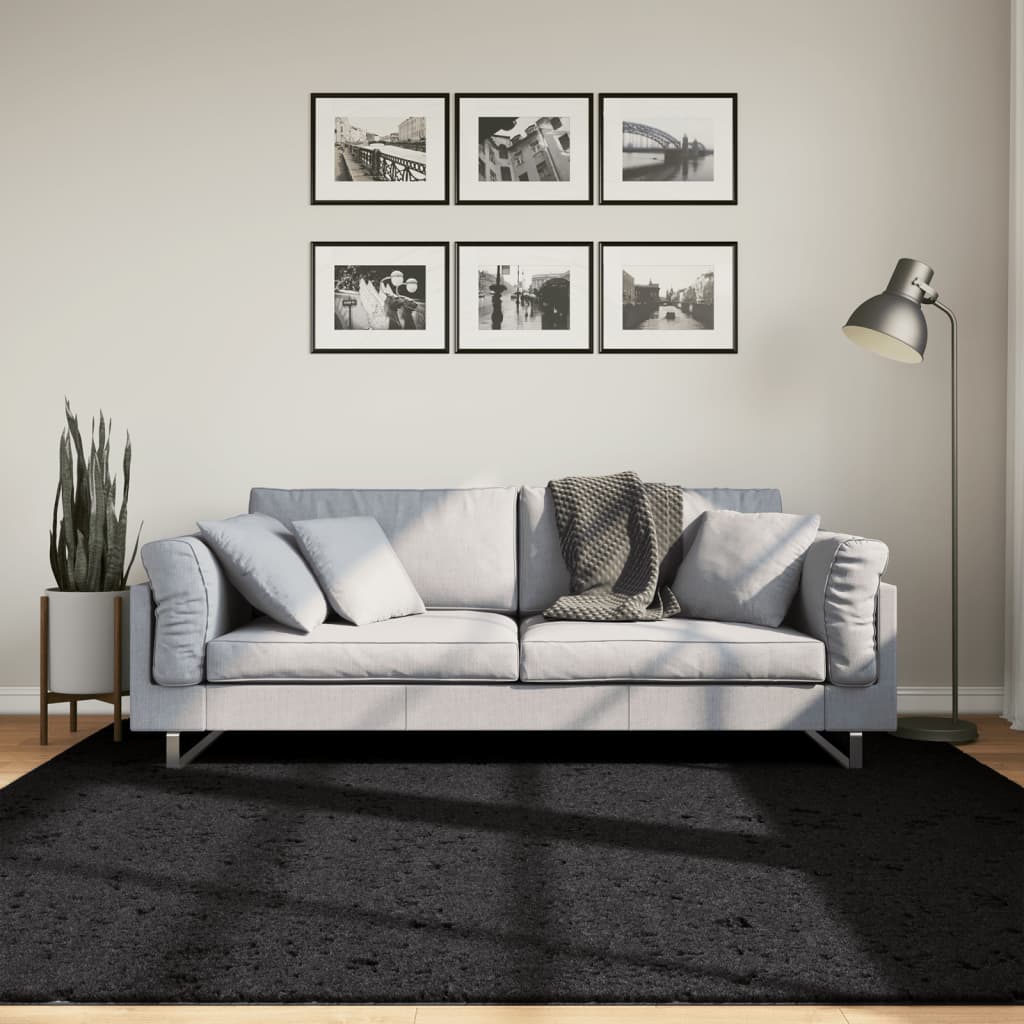 Covor pufos "PAMPLONA" cu fire înalte, negru modern, 200x200 cm - Lando