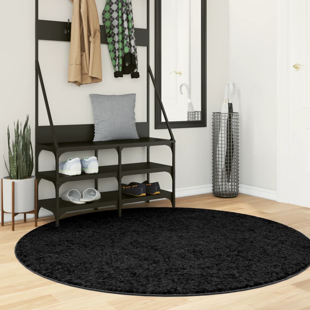 Covor pufos "PAMPLONA" cu fire înalte, negru modern, Ø 160 cm - Lando