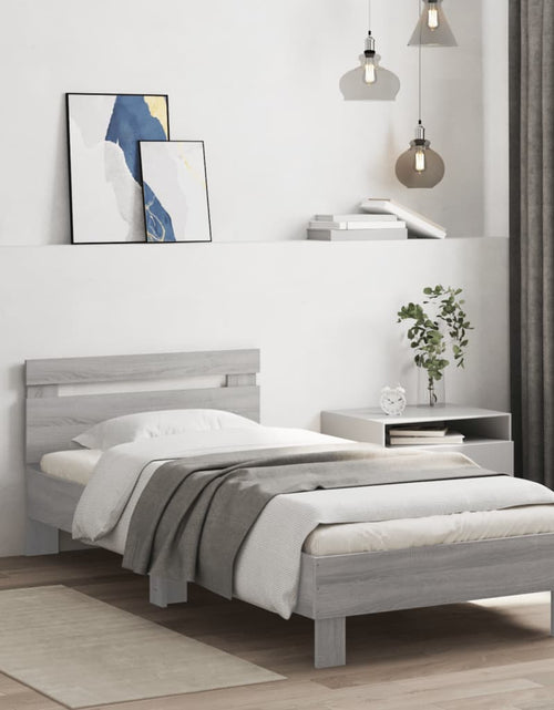 Încărcați imaginea în vizualizatorul Galerie, Cadru de pat cu tăblie, gri sonoma, 90x200 cm, lemn prelucrat - Lando
