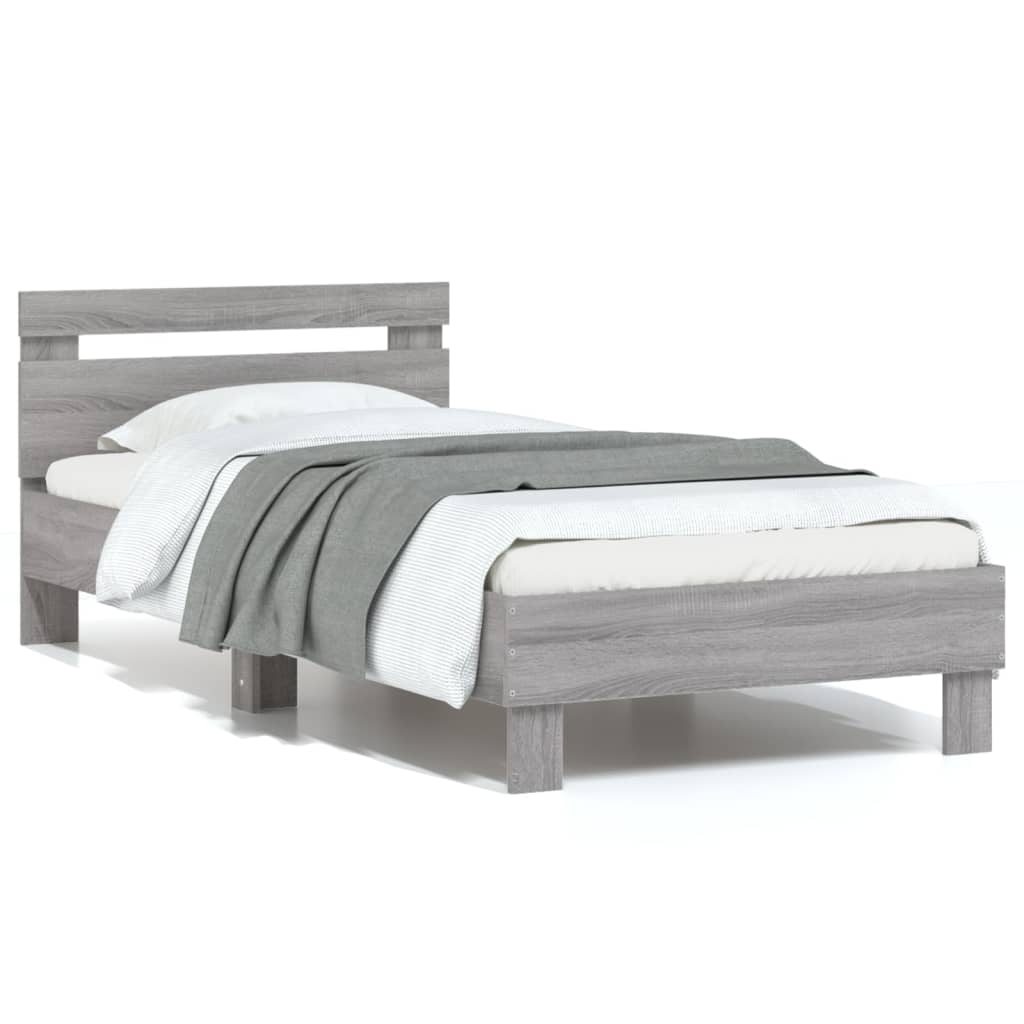 Cadru de pat cu tăblie, gri sonoma, 90x200 cm, lemn prelucrat - Lando