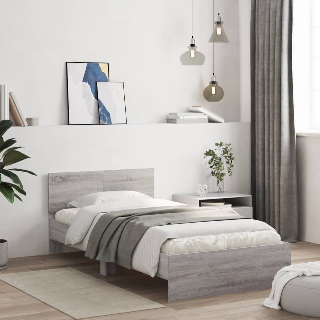 Cadru de pat cu tăblie gri sonoma 100x200 cm lemn prelucrat - Lando