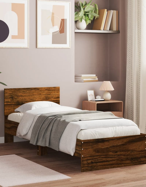 Загрузите изображение в средство просмотра галереи, Cadru de pat cu tăblie stejar fumuriu 75x190 cm lemn prelucrat - Lando

