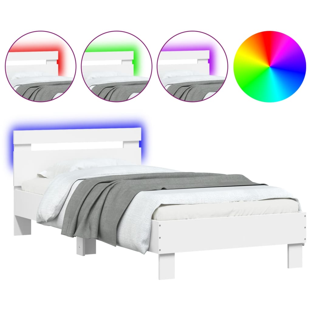 Cadru de pat cu tăblie și lumini LED, alb, 90x200 cm - Lando
