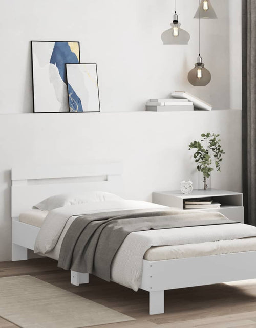 Încărcați imaginea în vizualizatorul Galerie, Cadru de pat cu tăblie și lumini LED, alb, 90x200 cm - Lando
