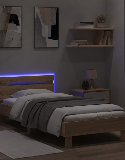 Загрузите изображение в средство просмотра галереи, Cadru de pat cu tăblie și LED, stejar sonoma, 90x200 cm - Lando
