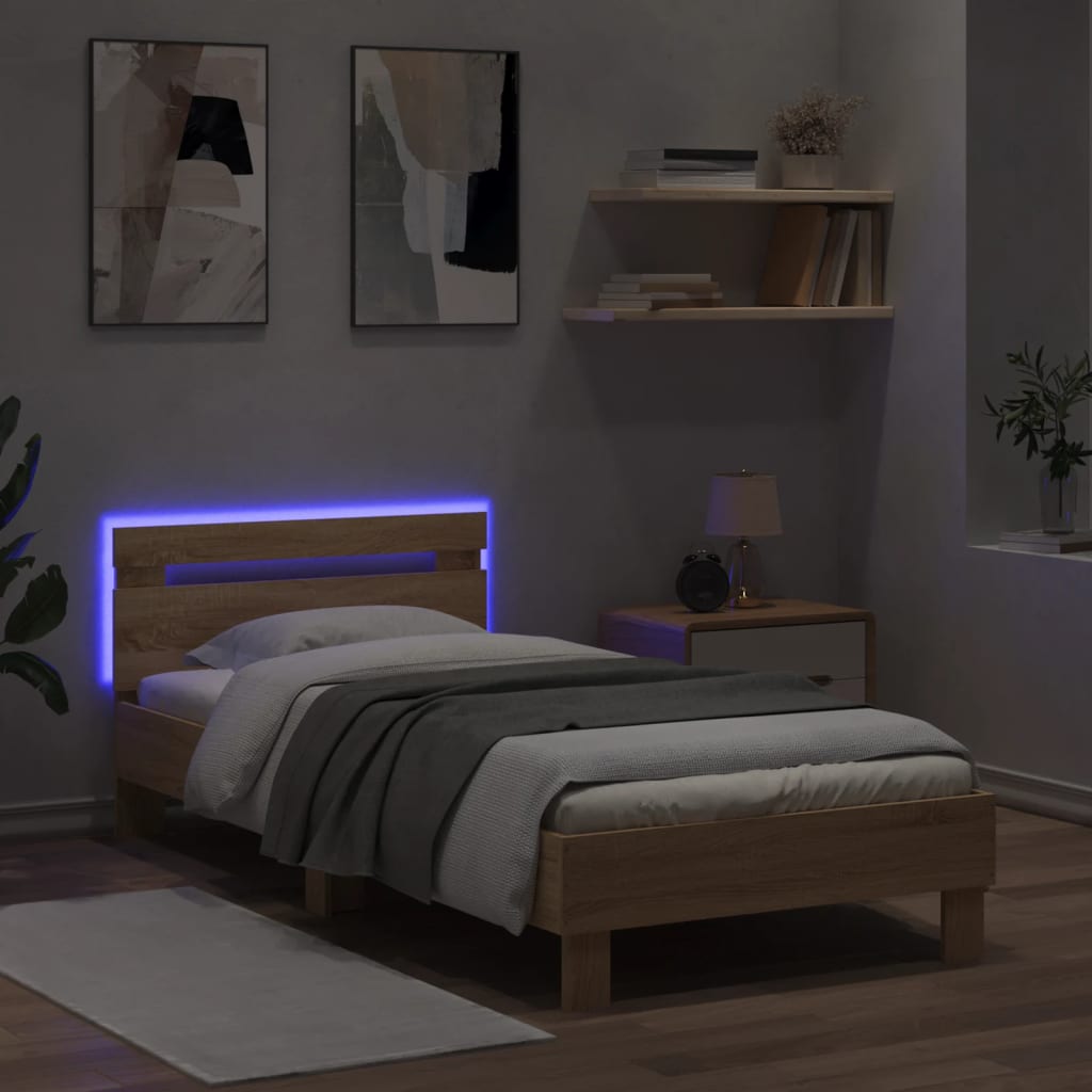 Cadru de pat cu tăblie și lumini LED, stejar sonoma, 90x190 cm - Lando