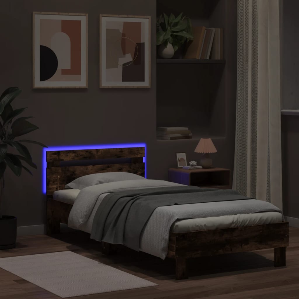 Cadru de pat cu tăblie și lumini LED, stejar fumuriu, 90x190 cm - Lando