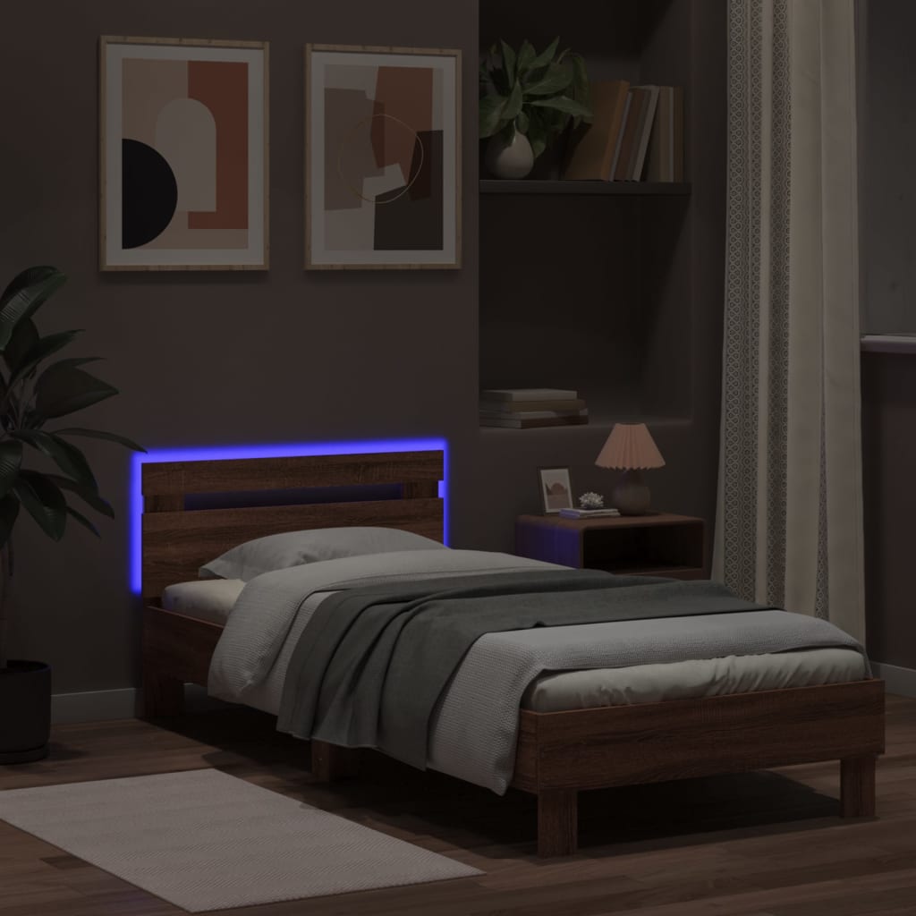 Cadru de pat cu tăblie și lumini LED, stejar maro, 90x190 cm - Lando