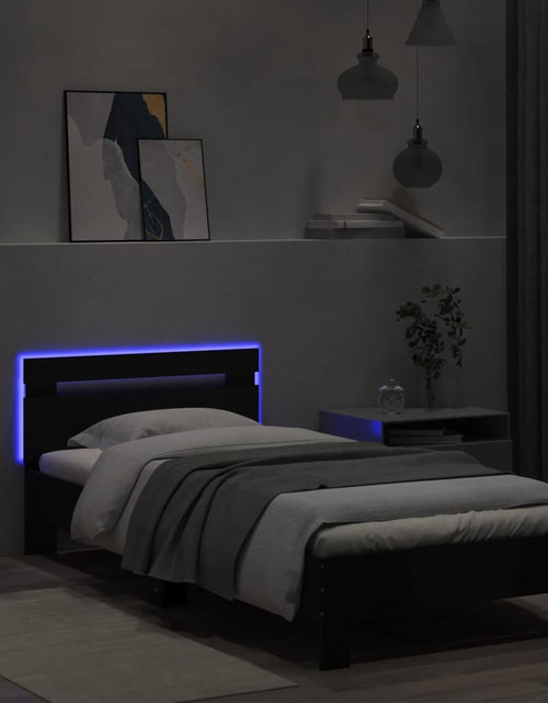 Загрузите изображение в средство просмотра галереи, Cadru de pat cu tăblie și lumini LED, negru, 75x190 cm - Lando

