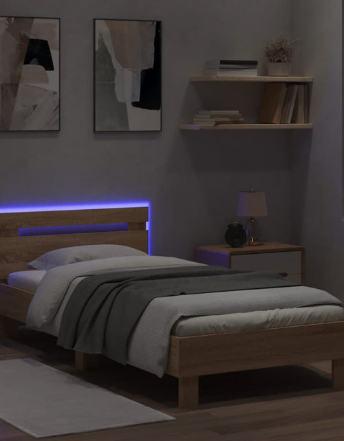 Загрузите изображение в средство просмотра галереи, Cadru de pat cu tăblie și lumini LED, stejar sonoma, 75x190 cm - Lando
